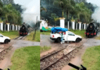 Carro para sobre trilho e mulher sai desesperada antes de trem chegar; veja - Reprodução/TikTok/@gutoforastieri