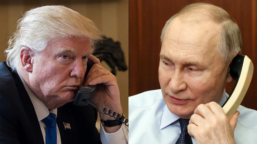 Combinação de fotos mostra Trump ao telefone em 28 de janeiro de 2017, em Washington, e Vladimir Putin ao telefone em Moscou, em 27 de dezembro de 2023