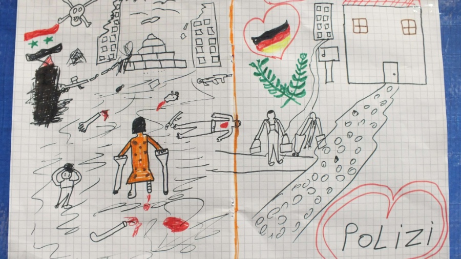 25.set.2015 - Desenho de criança síria refugiada em Passau, sul da Alemanha, mostra a guerra em seu país natal e a chegada à Europa. A ilustração foi dada, como forma de agradecimento, para um policial da Bavária
