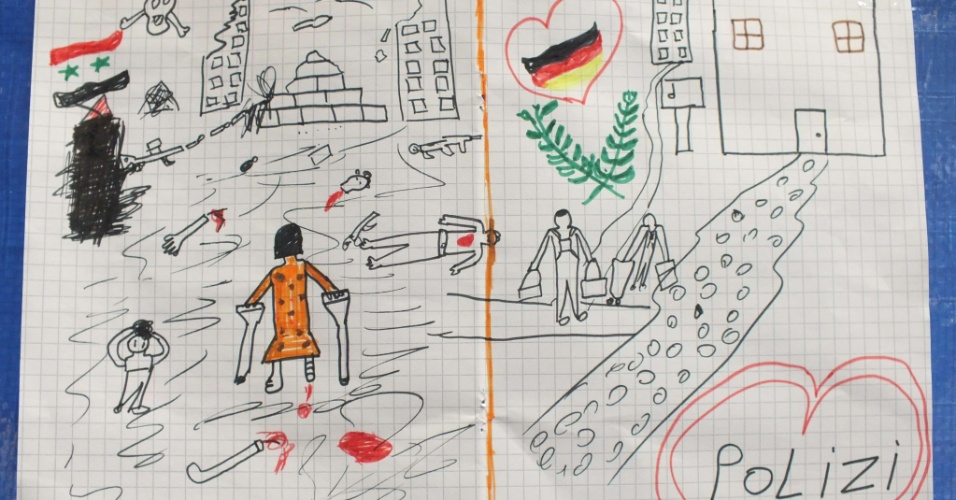 25.set.2015 - Desenho de criança síria refugiada em Passau, sul da Alemanha, mostra a guerra em seu país natal e a chegada à Europa. A ilustração foi dada, como forma de agradecimento, para um policial da Bavária