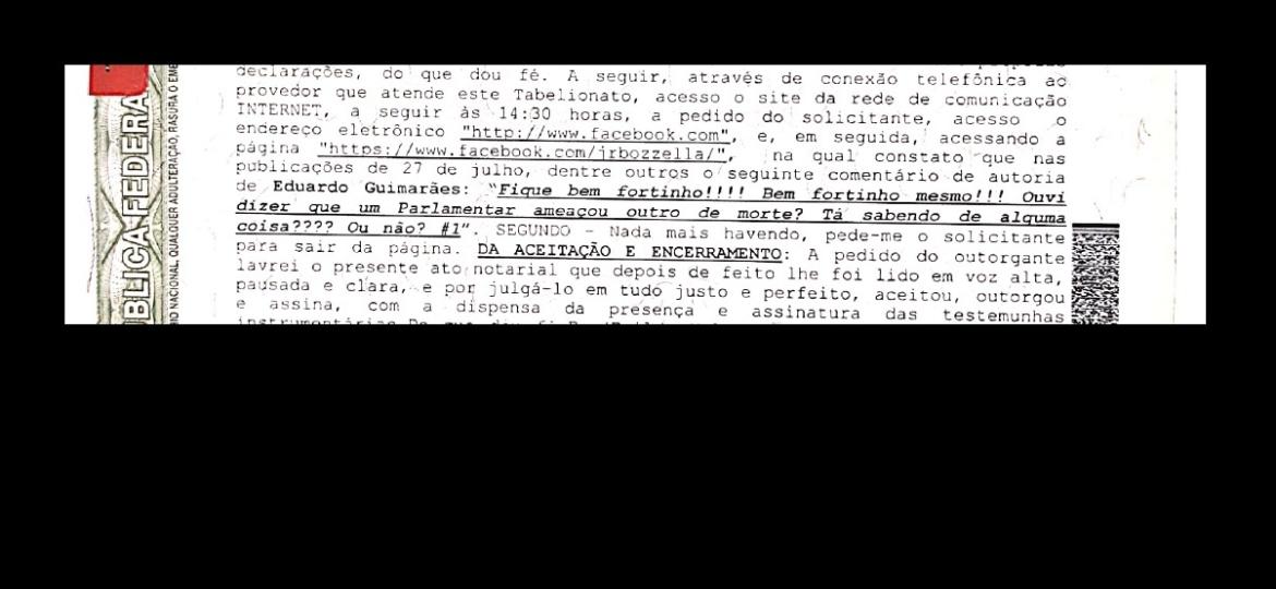 Registro em cartório do comentário de funcionário de Eduardo Bolsonaro em página de Júnior Bozzella - UOL