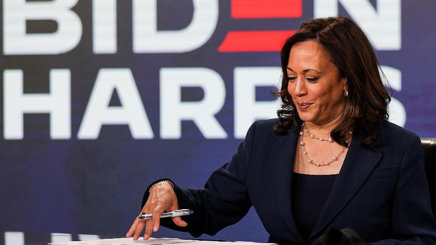 Candidata a vice-presidente dos EUA pelo Partido Democrata Kamala Harris em Wilmington, Delaware