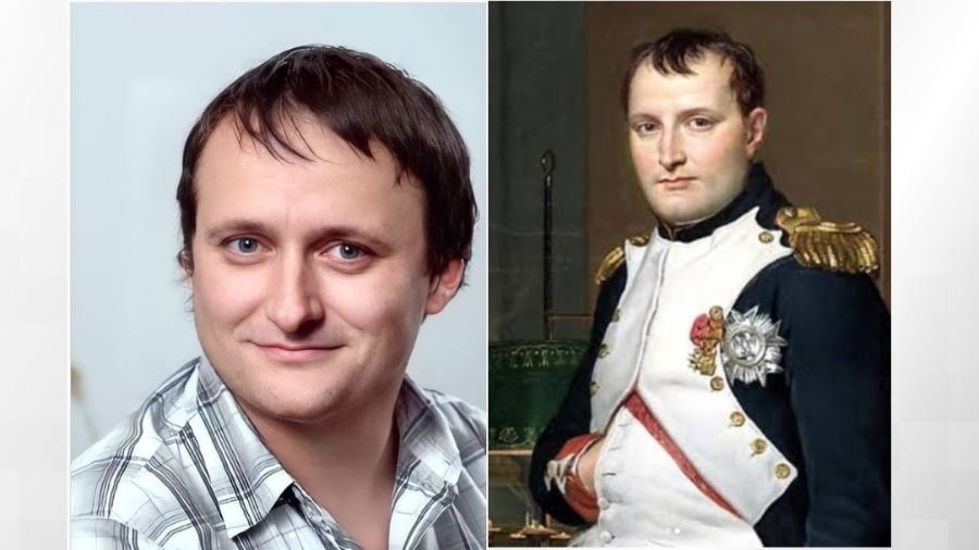 Brasileiro fez a imagem de Napoleão Bonaparte (esq.) a partir de apps com inteligência artificial; ao lado, um quadro com o retrato dele - Reprodução/ Instagram/ hidreley