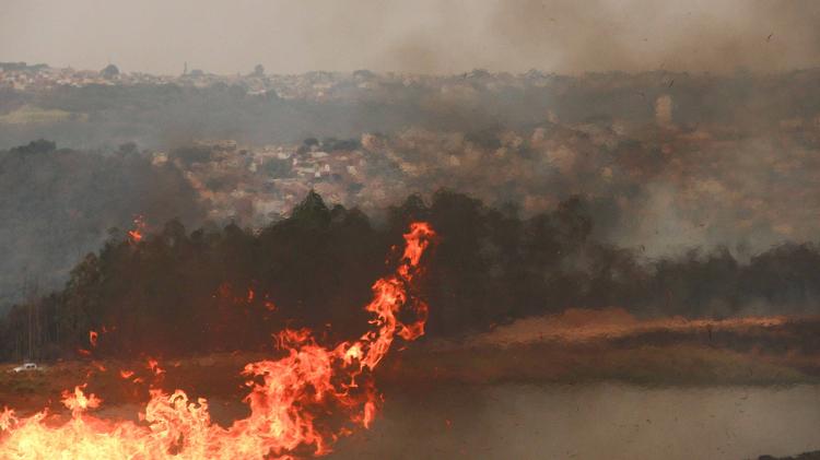 23.ago.2024 - Incêndio atinge área de vegetação em São Carlos e leva fumaça para a cidade e estradas da região