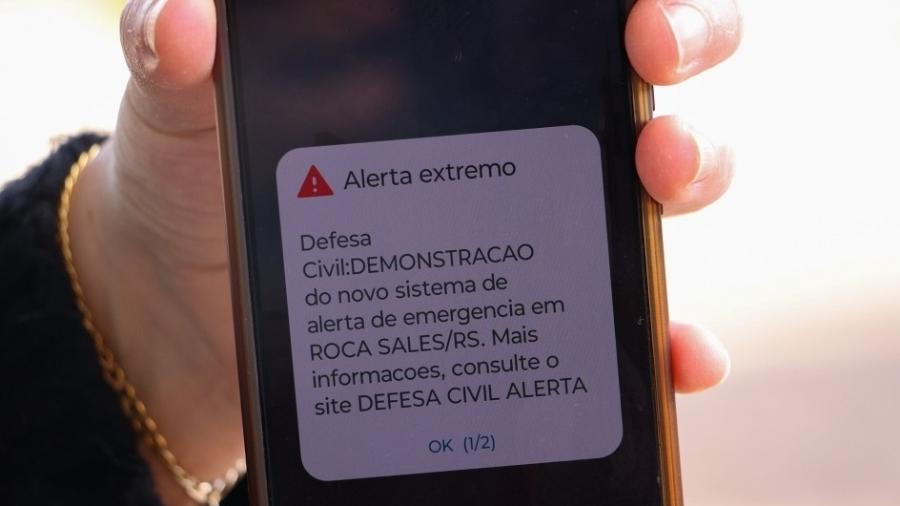 Aviso do Defesa Civil Alerta em demonstração feita no Rio Grande do Sul - Luís André/Secom