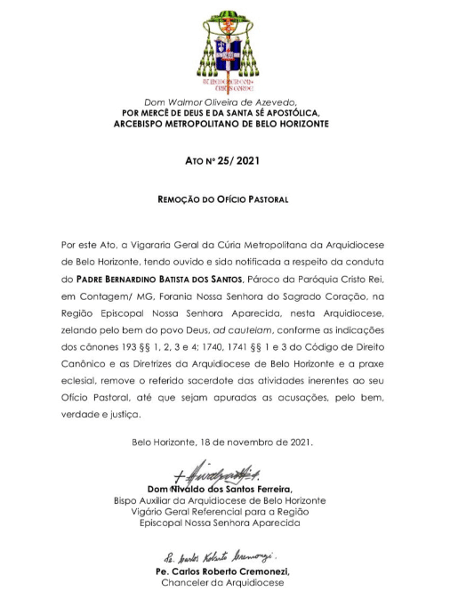 Documento da Arquidiocese de Belo Horizonte que afastou Bernardino das atividades sacerdotais Documento da Arquidiocese de Belo Horizonte que afastou Bernardino das atividades sacerdotais