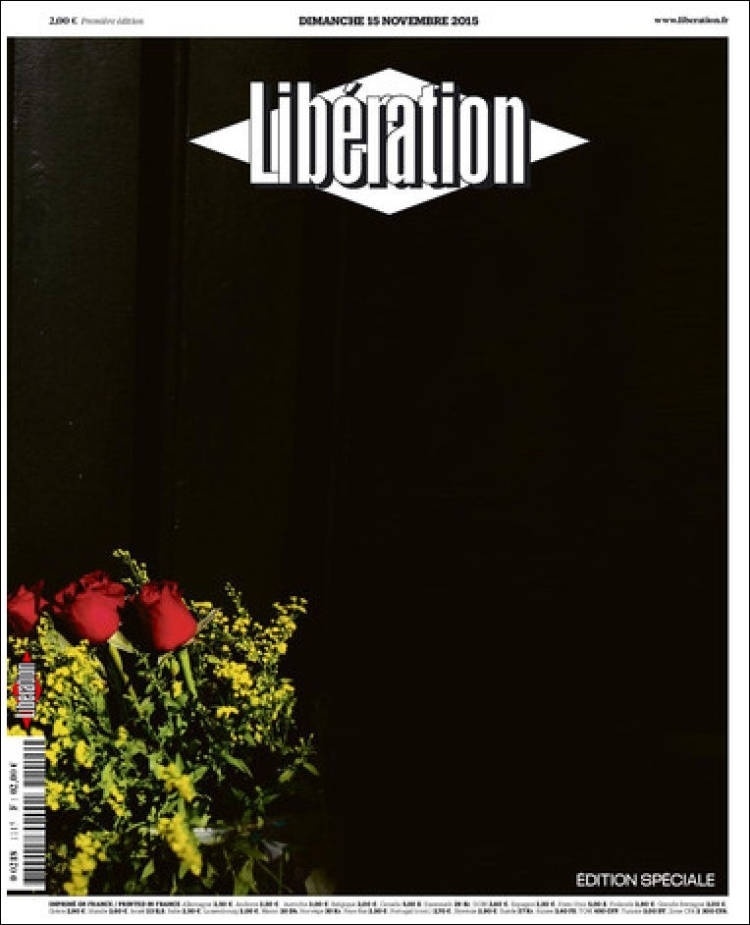 15.nov.2015 - Em edição especial deste domingo (15), o jornal francês "Libération" não colocou texto em sua primeira página, apenas flores sobre um fundo negro - Reprodução