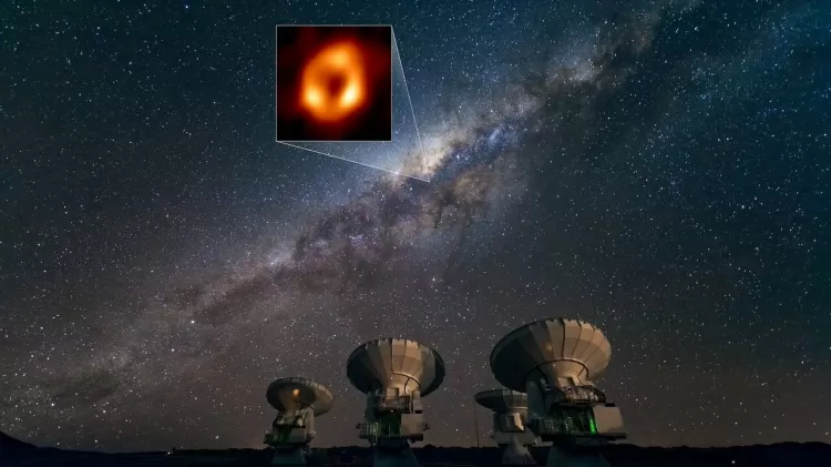 Imagem do observatório ALMA, no deserto do Atacama (Chile), com perspectiva do buraco negro Sagitário A* - José Francisco Salgado/ESO e EHT - José Francisco Salgado/ESO e EHT