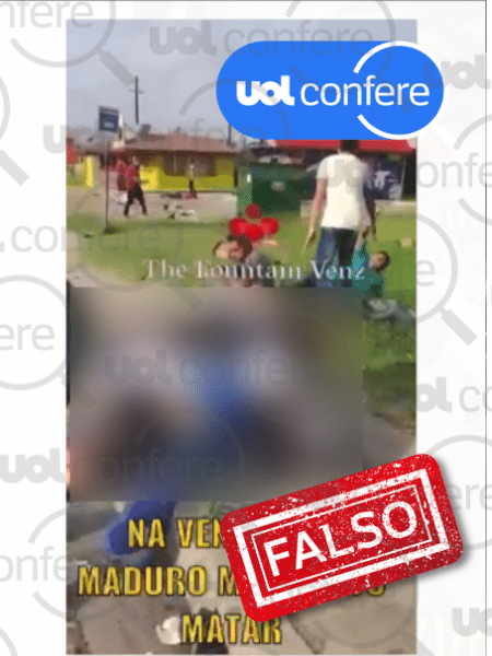 06.jun.2023 - Vídeo registra atropelamento no Texas, não mortes a mando de Maduro. Governo venezuelano pediu aos EUA investigação sobre xenofobia - Arte/UOL Confere sobre Reprodução/WhatsApp