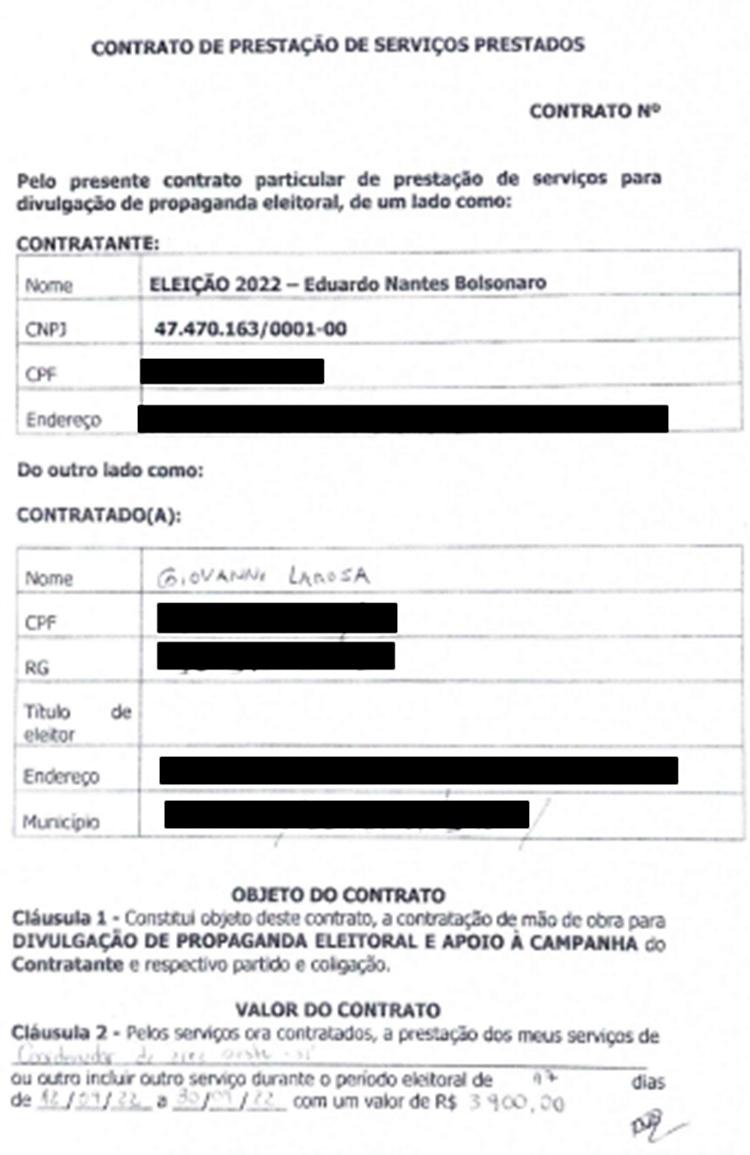 Cópia do contrato de serviços de Giovani Larosa para a campanha de Eduardo Bolsonaro