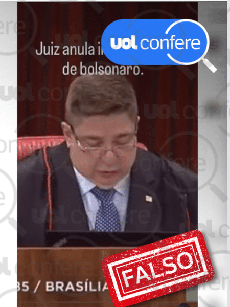 05.nov.2023 - Vídeo usa recorte do voto do ministro do TSE Raul Araujo para afirmar falsamente que 'um juiz' teria anulado a inelegibilidade de Jair Bolsonaro