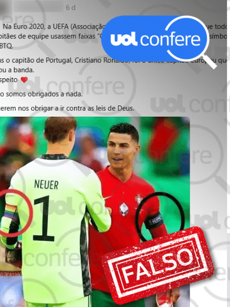 24.jun.2024 - Postagem engana ao dizer que Cristiano Ronaldo se recusou a usar a braçadeira One Love na Eurocopa 2020