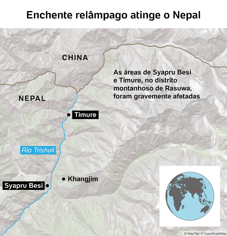 Um deslizamento de terra na fronteira do Himalaia entre o Nepal e o Tibete, na China, provocou inundações repentinas catastróficas no Nepal
