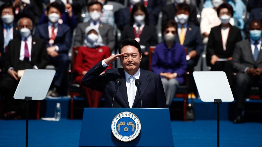 10 mai. 2022 - Presidente da Coreia do Sul, Yoon Suk-yeol, durante cerimônia de posse em frente à Assembleia Nacional, em Seul - Jeon Heon-kyun/Pool/AFP
