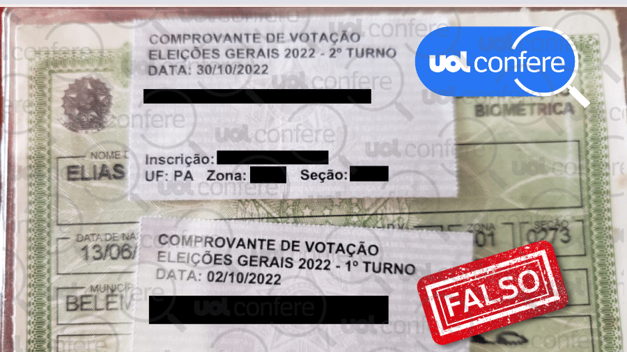 19.out.2022 - É falso que um eleitor paraense tenha votado para primeiro e segundo turno em sessão eleitoral no dia 2 de outubro - Arte/UOL Confere sobre Reprodução/WhatsApp