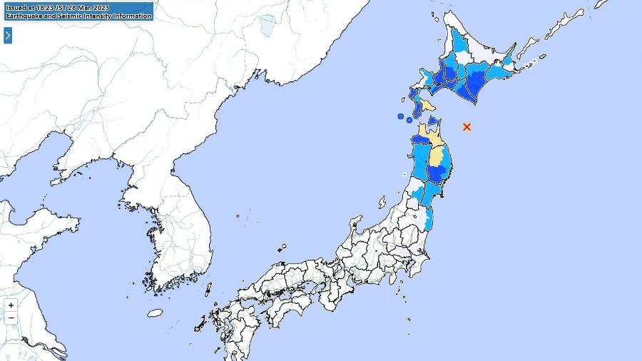 Mapa mostra epicentro de terremoto e regiões que foram afetadas por tremor - Agência Meteorológica do Japão