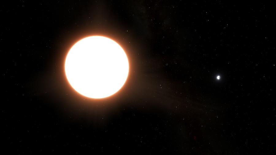 Impressão artística do exoplaneta LTT9779b orbitando sua estrela hospedeira, localizado a 264 anos-luz da Terra. Ele tem o tamanho de Netuno e reflete 80% da luz que brilha nele, tornando-o o maior espelho conhecido do Universo - Ricardo Ramírez Reyes/Universidad de Chile/Handout via Reuters