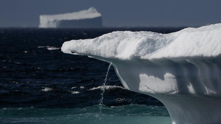 Foto de 12 de agosto de 2023 mostra água fluindo de um iceberg no fiorde Scoresby, na Groenlândia