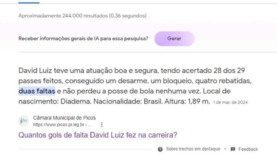 Site da Câmara Municipal de Picos, no Piauí, apareceu em resposta para busca por gols de David Luiz