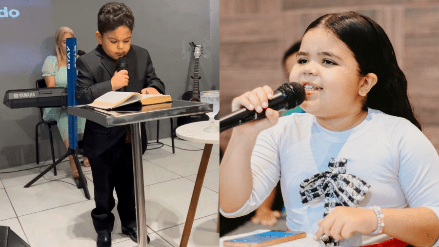 Moisés Andrade, de 13 anos e Ester Souza, de 8. Ambos fazem sucesso nas redes sociais com suas mensagens evangélicas Moisés Andrade, de 13 anos e Ester Souza, de 8. Ambos fazem sucesso nas redes sociais com suas mensagens evangélicas
