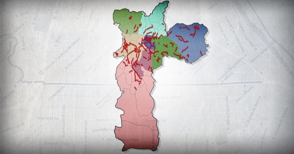 Mapa de São Paulo com os 181 trechos de ciclovias e ciclorrotas já criadas na cidade até agosto de 2015, que representam 351,9 quilômetros de vias para ciclistas. Levantamento realizado pelo UOL concluiu que 40 trechos de ciclovias não se conectam com o restante da rede, enquanto 52 possuem apenas uma conexão - Arte UOL