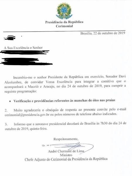 23.out.2019 - Convite de Davi Alcolumbre para senadores acompanhá-lo em sobrevoo às praias com óleo vazado no Nordeste - Reprodução