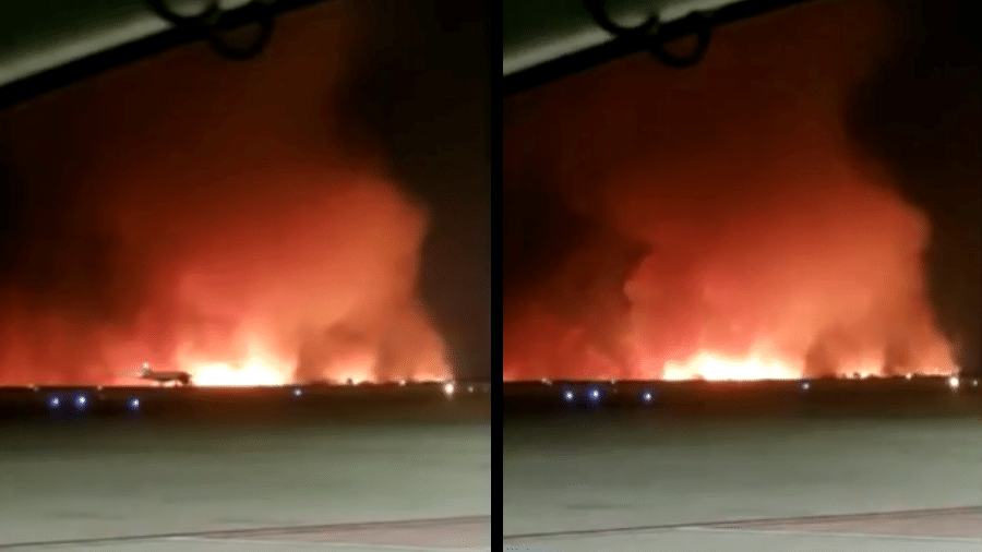 Incêndio provocado pela queda de um balãoatingiu a vegetação do Aeroporto Internacional de Viracopos. O incidente não atrapalhou pousos e decolagens - Reprodução/EPTV/TV Globo