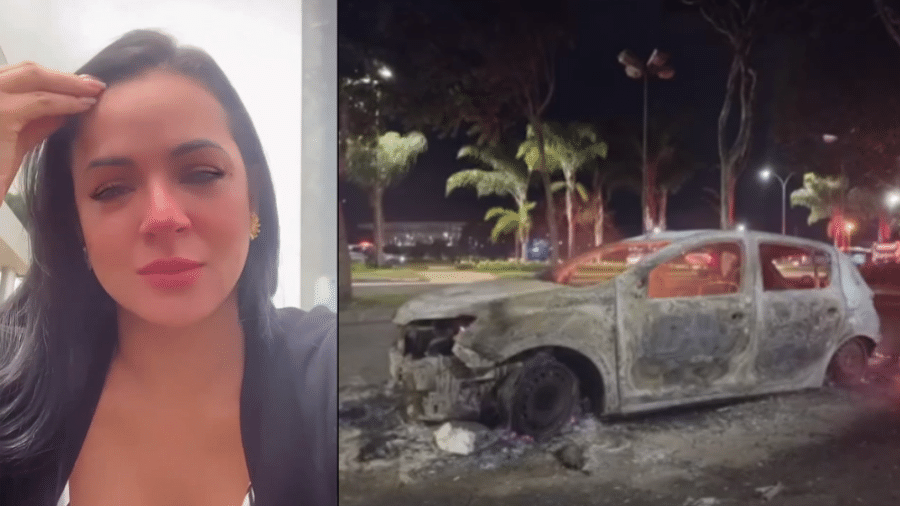 A maquiadora Gabriela Braga e seu carro incendiado em Brasília - Arquivo pessoal