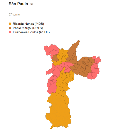 Mapa de votação na cidade de São Paulo, por distritos