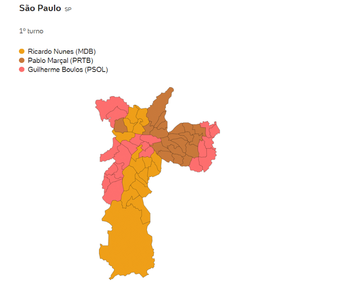 Mapa de votação na cidade de São Paulo, por distritos