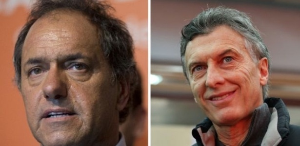 O peronista Daniel Scioli (à esquerda) e o oposicionista Mauricio Macri disputarão o 2º turno - BBC/AP