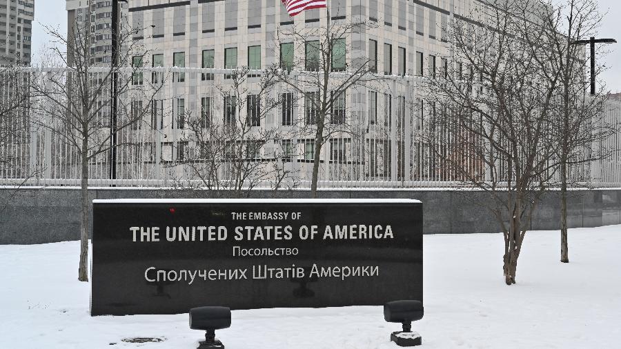 24.jan.2022 -  O prédio da Embaixada dos EUA em Kiev, na Ucrânia - Sergei Supinsky/AFP
