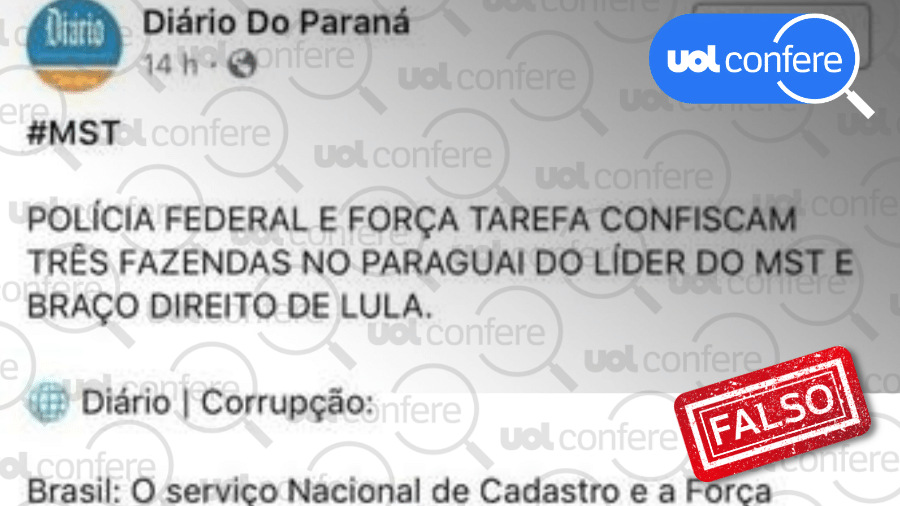 03.mai.2023 - Post falso que circula desde 2019 inventa fazendas de líder do MST no Paraguai - Arte/UOL sobre Reprodução/Whatsapp