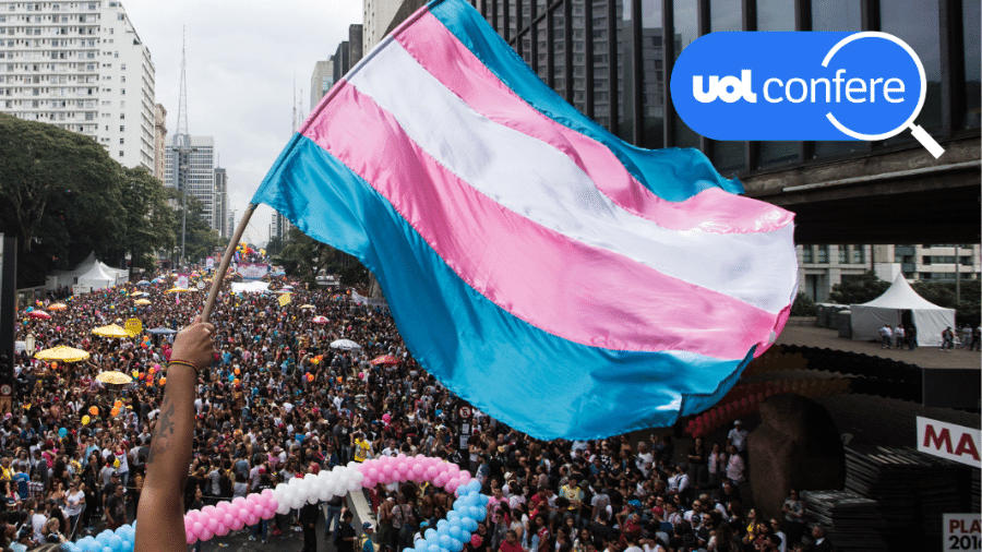 Foto da bandeira do movimento trans na parada LGBTQIA+ de 2016, em São Paulo - Arte/UOL sobre foto de Diego Padgurschi/Folhapress
