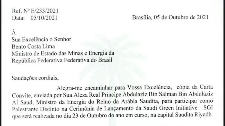 Convite do governo saudita ao então ministro de Minas e Energia de Jair Bolsonaro, o almirante Bento Albuquerque - Reprodução - Reprodução