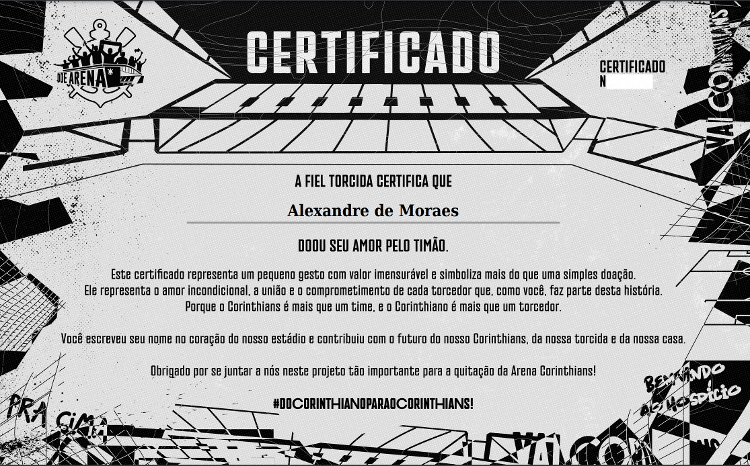 Certificado de doação de Alexandre de Moraes para o Corinthians