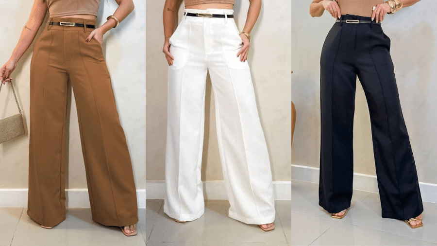 Calça pantalona é composta por tecido de alfaiataria Calça pantalona é composta por tecido de alfaiataria