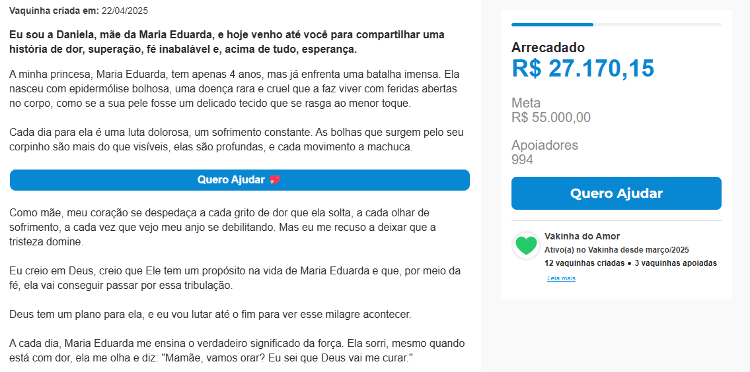 Vaquinha falsa aponta novas doações, mas valor arrecadado não muda Vaquinha falsa aponta novas doações, mas valor arrecadado não muda
