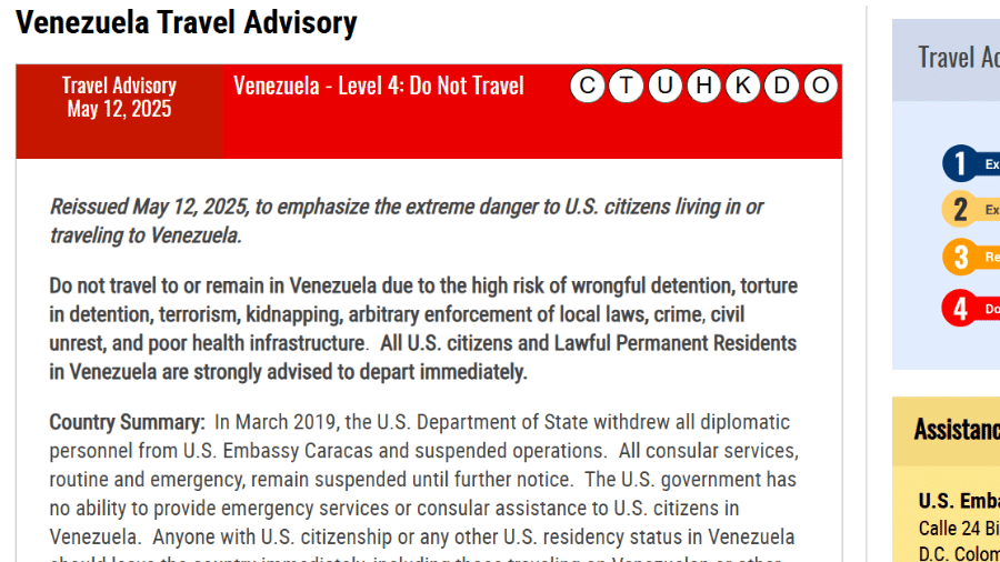 Departamento de Estado dos EUA afirma que há "perigo extremo" para cidadãos do país que viajarem ou viverem na Venezuela Departamento de Estado dos EUA afirma que há "perigo extremo" para cidadãos do país que viajarem ou viverem na Venezuela
