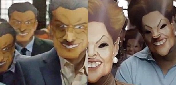À esquerda, propaganda do candidato de Cristina Kirchner exibe atores com máscaras do rival Mauricio Macri; à direita, peça da campanha de Aécio Neves veiculada no final de setembro do ano passado - BBC