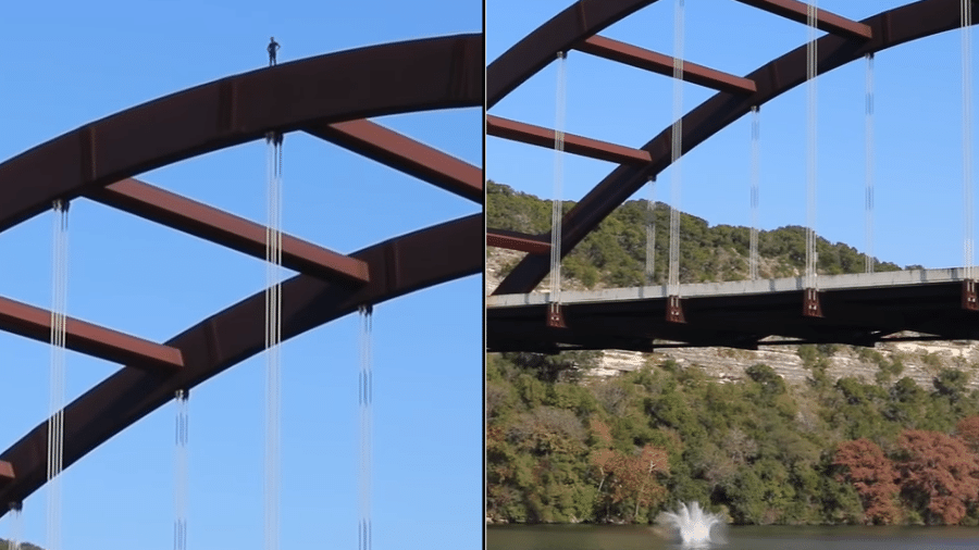 Momento em que Saa Fomba pula de ponte com 30 metros de altura sobre o Rio Colorado, em Austin - Reprodução/Youtube/SaaFomba