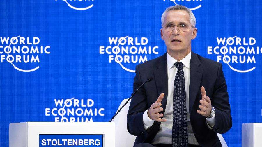 18.jan.2023 - O secretário-geral da OTAN, Jens Stoltenberg, durante a reunião anual do Fórum Econômico Mundial (WEF) em Davos, na Suíça