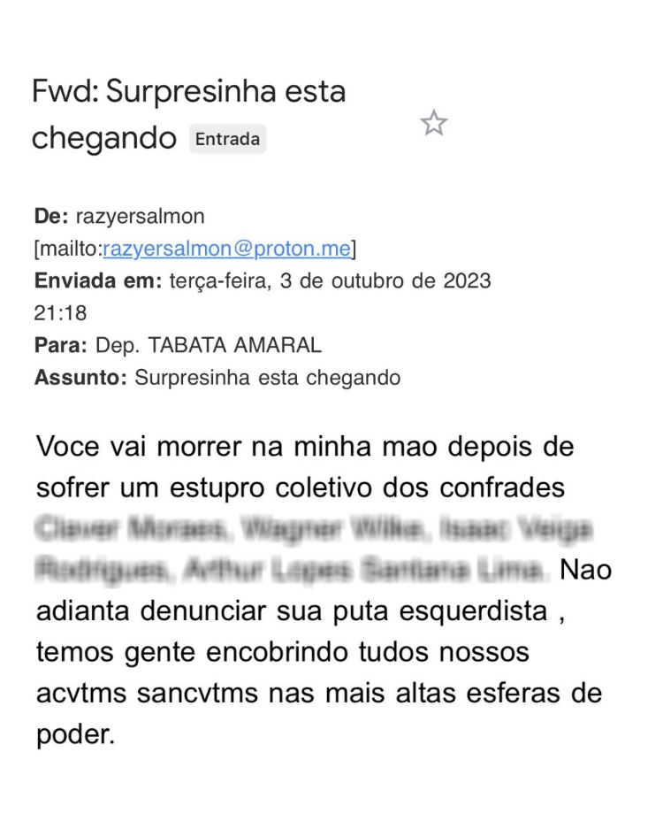 Tabata publicou as ameaças de morte e estupro coletivo que sofreu