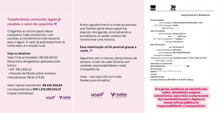 À direita, comprovante da vaquinha online com valor integral doado, fora impostos À direita, comprovante da vaquinha online com valor integral doado, fora impostos