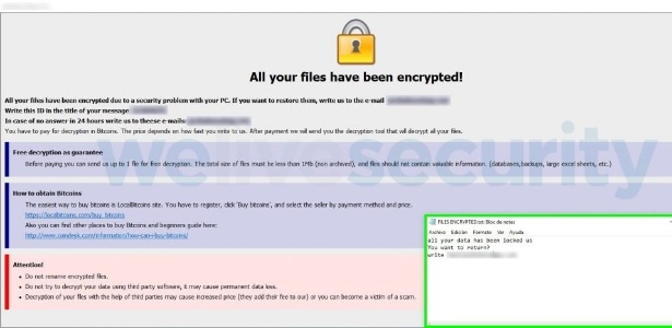 Tela do ransomware crysis indicando que arquivos de usuário foram encriptados - Divulgação