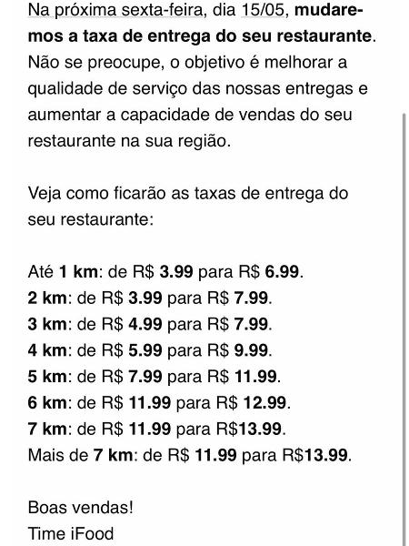 Mensagem enviada pelo iFood - Reprodução