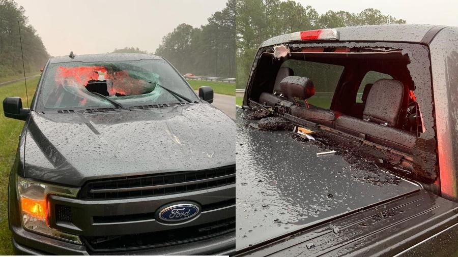 Raio acabou lançando detritos da rodovia em caminhonete, ferindo dois passageiros - Reprodução/Walton County Fire Rescue, Florida/Facebook