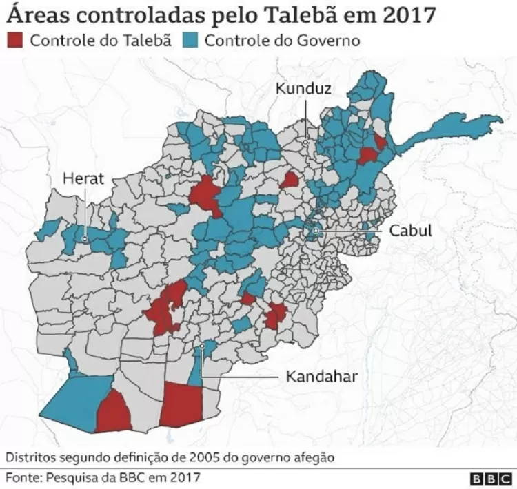 Áreas controladas pelo Talebã em 2017 - BBC - BBC