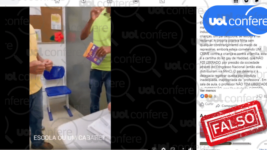 26.set.2022 - É falso que livro do "kit gay" foi distribuído em escola municipal na Bahia - Arte/UOL Confere sobre Reprodução/Facebook
