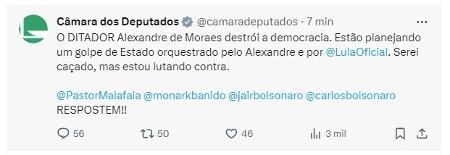 Post no perfil oficial da Câmara chama Moraes de 'ditador'